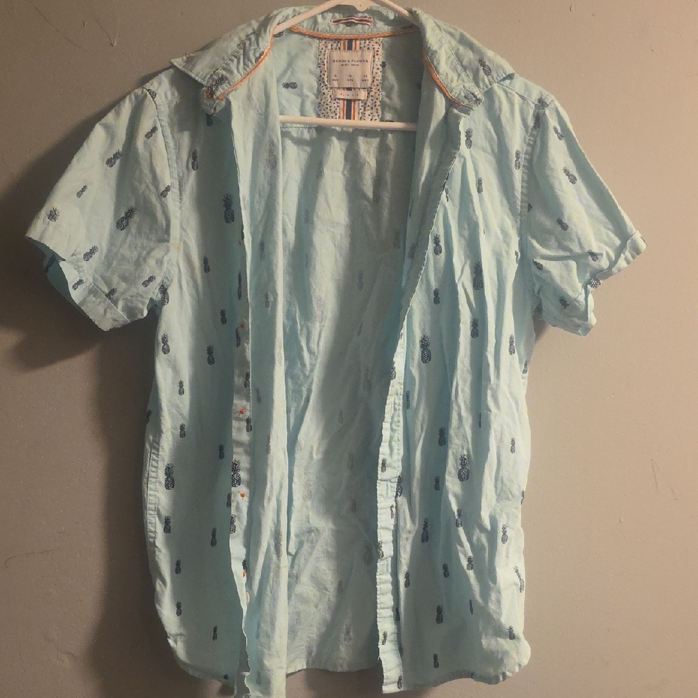 Denim & Flower Mint Blue Short-Sleeve Pineapple Print Button-Down Shirt
